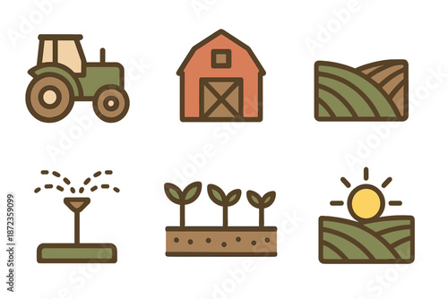 Farm equipment and landscape icons representing agricultural activities in a rural area during daytime