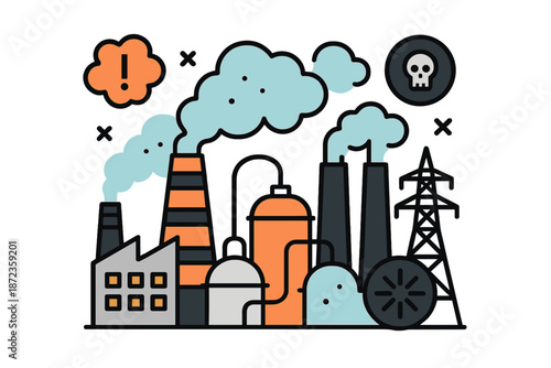 Power plants and factories release smoke and pollutants into the air during daytime operation in an industrial area