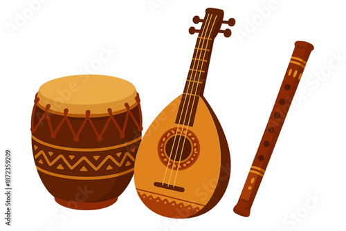 Musical instruments placed together showing a drum, a lute, and a flute in simple arrangement