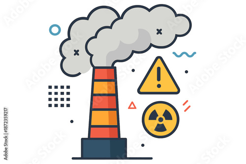 Smoke rises from a factory chimney while warning signs indicate hazardous conditions in an industrial area