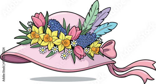 A charming illustration of a pink floral hat adorned with colorful flowers and feathers on transparent background