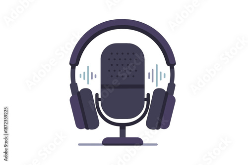 Microphone with headphones on a stand ready for audio recording at a home studio setting