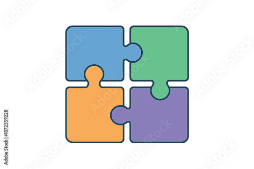 Four puzzle pieces fit together to create a colorful square shape in bright colors and simple design