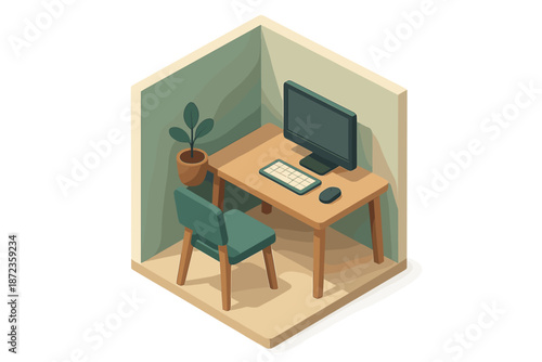 Home office setup with desk, chair, computer, and plant in simple design
