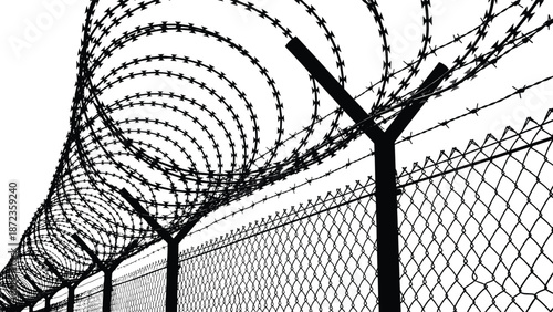 High security perimeter fence with razor barbed wire coils, prison border protection, industrial restricted area illustration