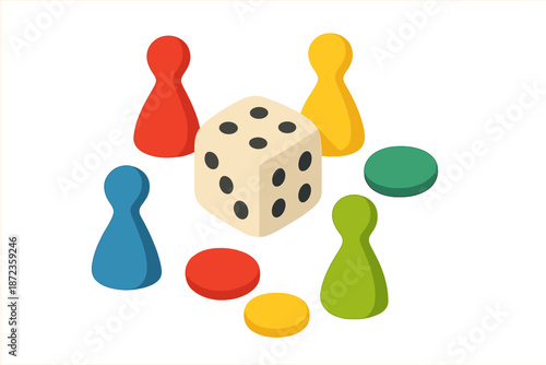 Colorful game pieces and dice arranged on white background for board game fun among friends