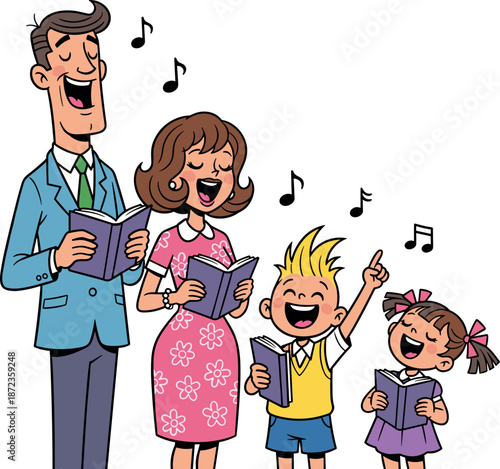 A joyful family of four singing and reading together during a lively indoor gathering on transparent background