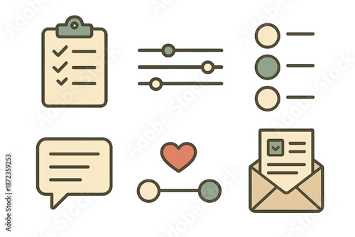 Icons showing checklists, sliders, lists, and messaging in a simple design for web and app use