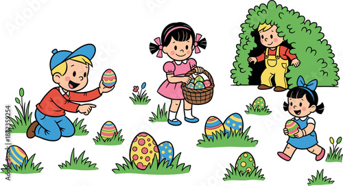 Children enjoying an Easter egg hunt outdoors with colorful decorated eggs and lush greenery on transparent background