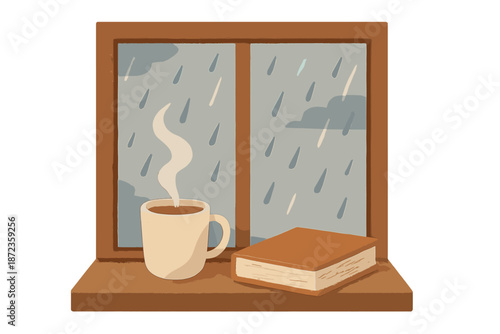 Cup of coffee and book on a window sill with rain falling outside during a cloudy day