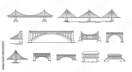 Various types of bridge designs in a collection of black and white icons