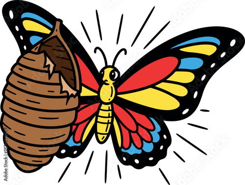 A vibrant butterfly with colorful wings and a cocoon resting on transparent background