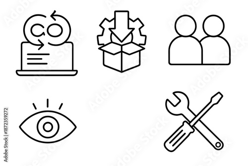 Various icons representing collaboration, teamwork, and tools for problem-solving in a digital environment