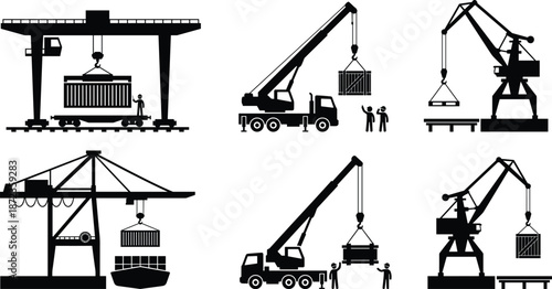 Industrial crane silhouettes lifting cargo containers, construction logistics operations concept, heavy machinery port and site illustration