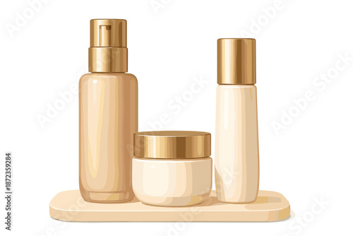 Collection of skincare products on a wooden tray with gold lids in a simple design