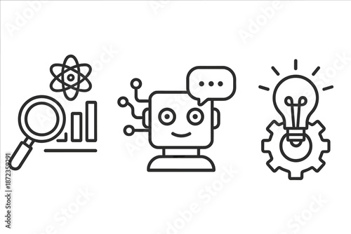Science and technology icons showing research, artificial intelligence, and innovation at a modern setting