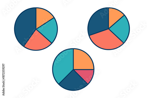 Different pie charts showing data distribution with various segment colors in a simple layout for analysis