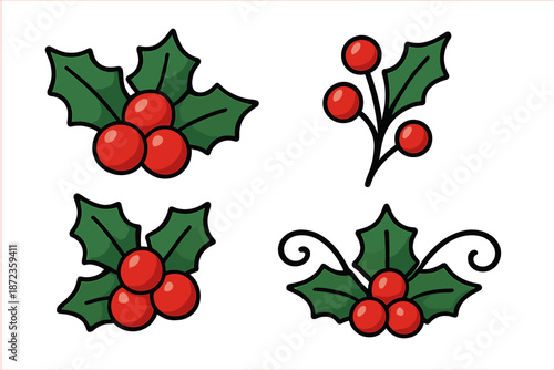 Holiday decorations with holly leaves and red berries arranged in different patterns for festive designs