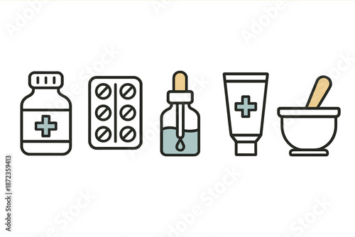 Different types of health products seen in a row including pills, liquid, cream, and a mortar with pestle for mixing