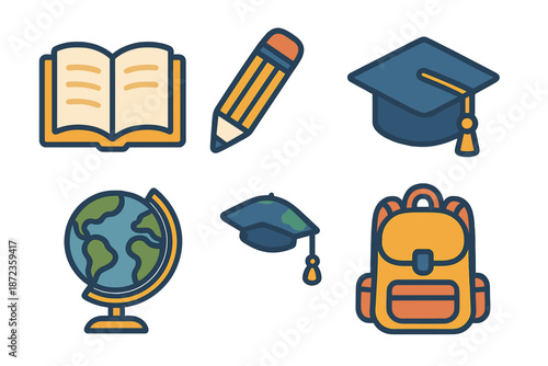 School items display with a book, pencil, globe, graduation cap, and backpack on a white background