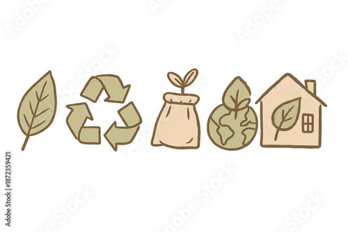 Various symbols of sustainability showing leaf, recycling sign, plant, earth, and house in simple line art style