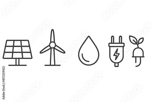 Renewable energy icons representing solar, wind, water, electricity, and sustainable practices for a greener future