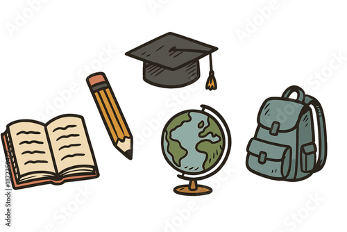 Learning tools on a desk with a book, pencil, globe, backpack, and graduation cap ready for school