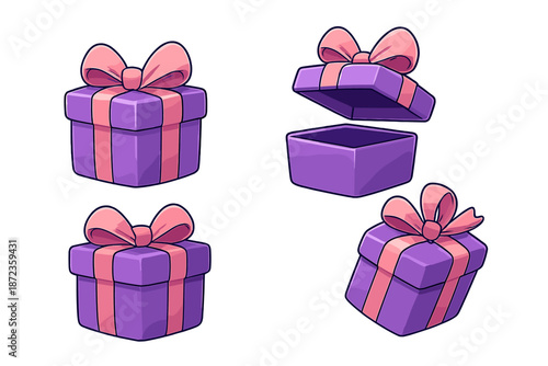 Colorful gift boxes with bows in different positions on a white background for various occasions and celebrations