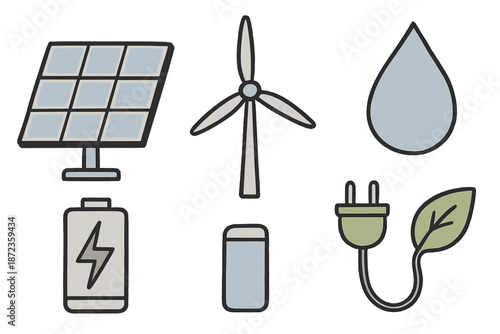 Different forms of renewable energy sources shown together in a simple design featuring solar, wind, water, and battery symbols