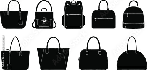 Women Handbag and Backpack Silhouette Illustration Set Showing Tote Bags Shoulder Bags and Backpacks in Various Fashion Styles Isolated on White Background