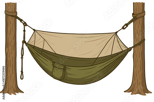 Hammock hangs between two trees in a simple outdoor setting with no people or objects present nearby
