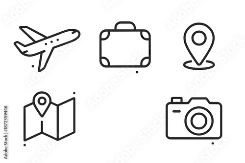 Travel symbols representing a plane, suitcase, map, and camera in a simple design for vacation planning and adventure