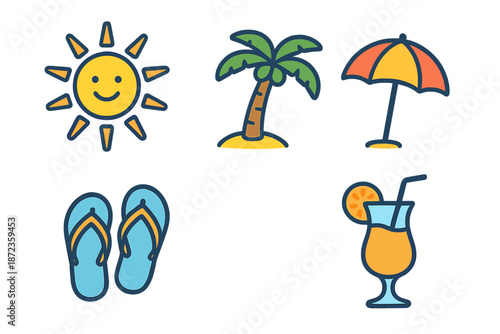 Fun summer day with sun, palm tree, umbrella, flip flops, and tropical drink enjoyed at the beach during midday