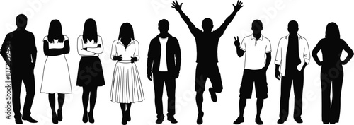 People silhouettes standing diverse poses, modern lifestyle characters collection, human emotions expression concept illustration set design vector art