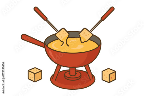 Fondue pot sits on a stand with skewered cheese cubes above it while additional cubes lie nearby on a surface in a dining setting