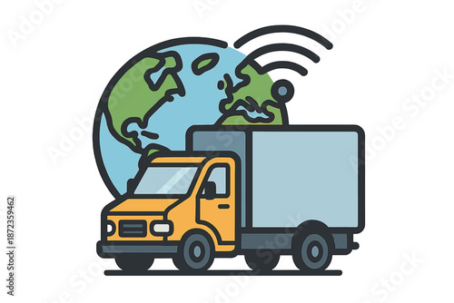 Delivery truck moves with a globe in the background showing global connections related to logistics and transportation