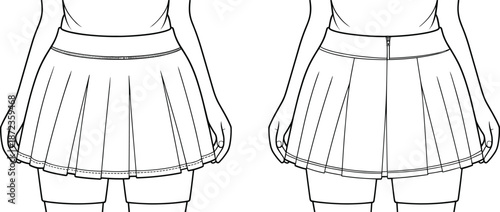 Women Pleated Skirt Technical Fashion Illustration Showing Front and Back Views of Short Skirt Design Isolated on White Background