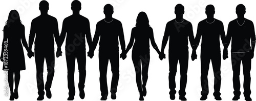 People holding hands silhouettes line, unity teamwork togetherness concept, community support and social connection illustration design