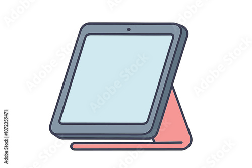 Tablet with stand placed on a flat surface showing blank screen in a simple design