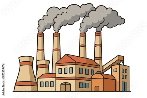 Power plant with smoke stacks and industrial buildings in a city during daytime hours
