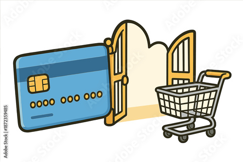 Shopping cart with credit card and open doors to a store in a simple design