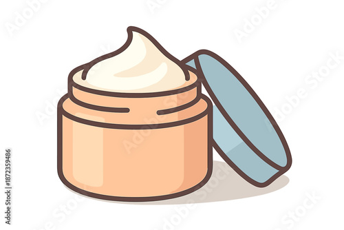 Container holding cream with open lid placed on a flat surface in a simple setting during daytime