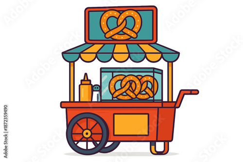 Street food cart sells soft pretzels with mustard and ketchup in a busy outdoor location during the day