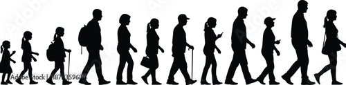 People silhouettes walking in line, men women and children daily life journey concept isolated on white background illustration