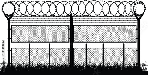 Prison fence silhouette with barbed wire coils, high security perimeter barrier isolated on white background illustration vector design