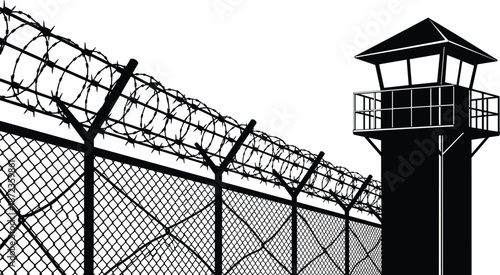 Prison watchtower with barbed wire fence silhouette, high security correctional facility concept isolated on white background illustration