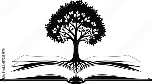Striking black and white graphic depicts the profound roots of knowledge symbolized by a flourishing tree growing directly from the pages of an open book.