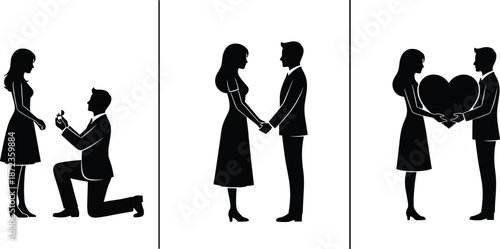 Romantic couple silhouettes proposal love story sequence, engagement relationship and affection concept isolated on white background illustration