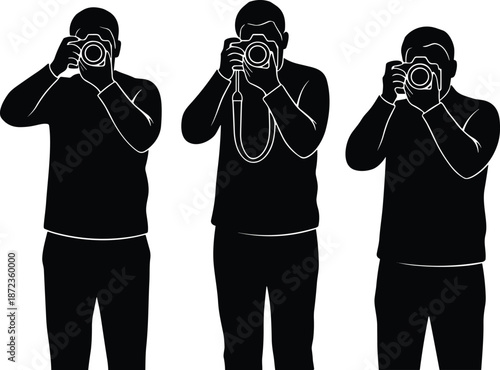 Three photographer silhouettes holding cameras, professional paparazzi concept isolated on white background studio stock photography lighting shadow creative
