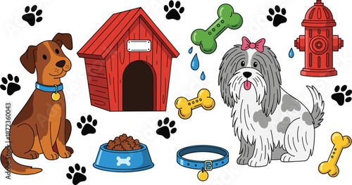WebCute cartoon dog pet set collection with puppy house and food bowl vector illustration isolated on white background for animal care